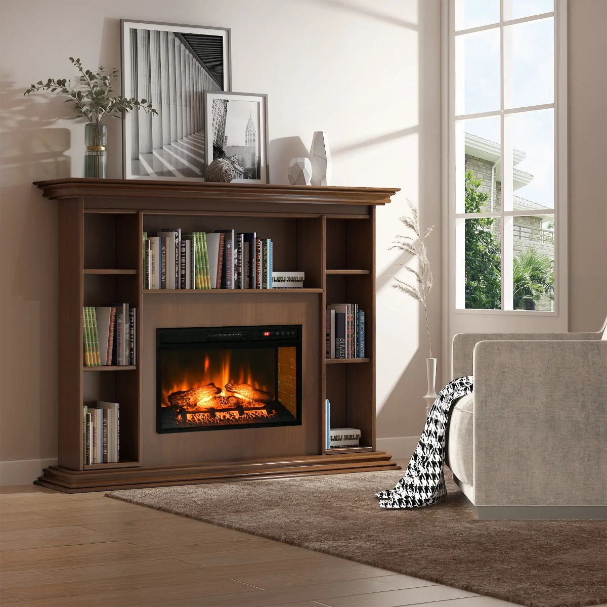 Built-in electric fireplace insert set inside a custom wood cabinet with books on surrounding shelves.