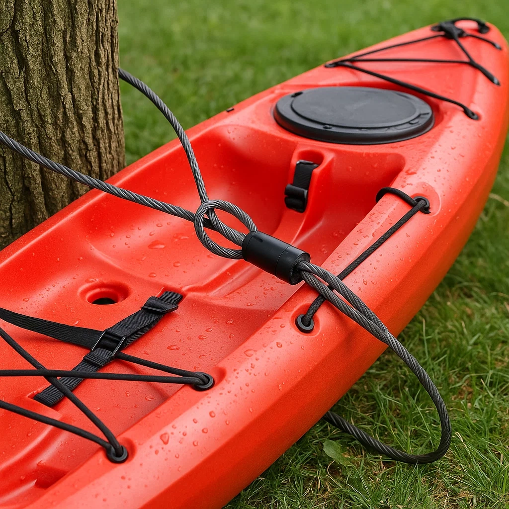 Close-up of cable lock securing bright red kayak to a tree trunk in grassy outdoor area.
