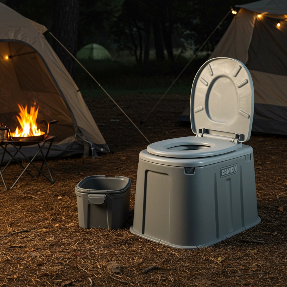 Grey portable toilet with lid, positioned next to a campfire and tent.