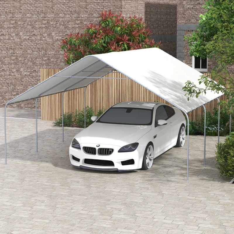 White BMW parked under a simple outdoor canopy carport with steel frame and white tarp cover.