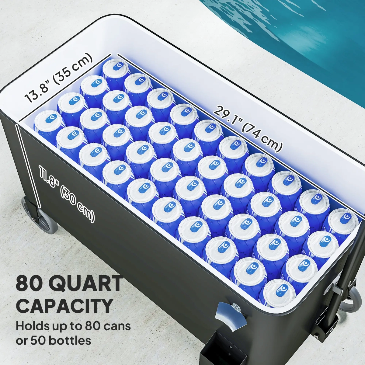 Large open cooler by a pool, showing capacity with rows of canned drinks and size dimensions.
