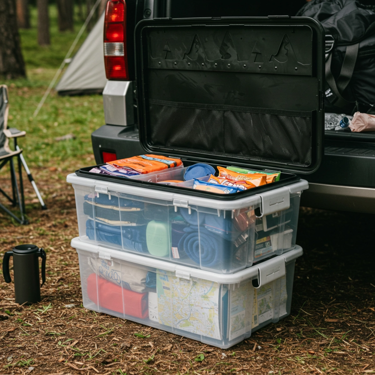 Plastic bins organized with food, gear, and supplies in SUV trunk for car camping.