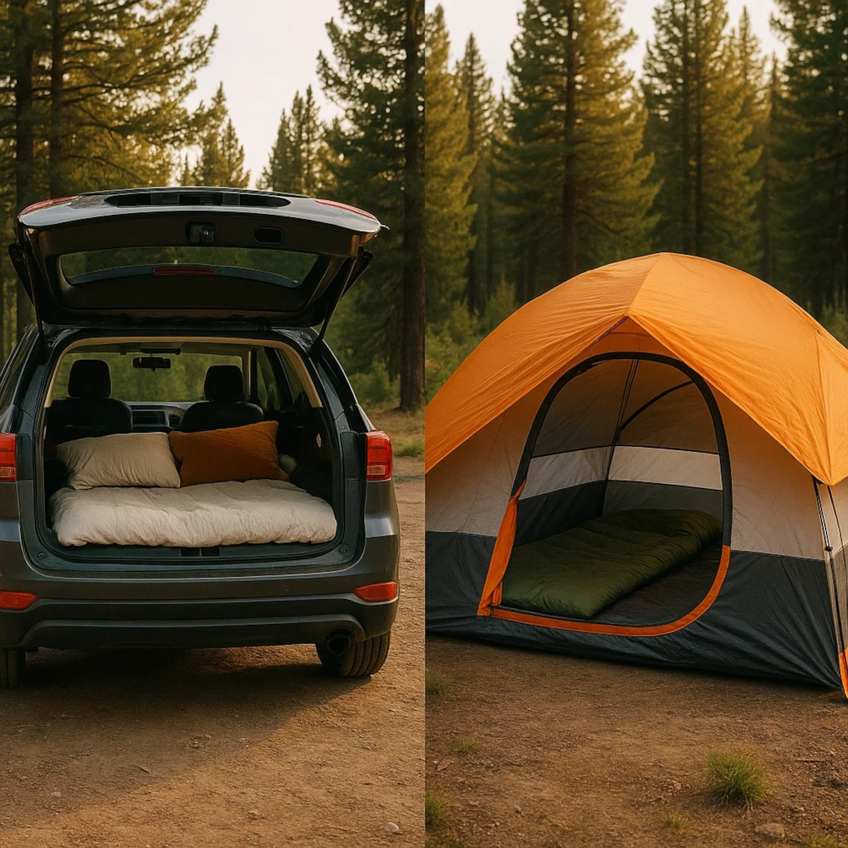 SUV with mattress beside an orange camping tent setup in a forest campsite at sunset.