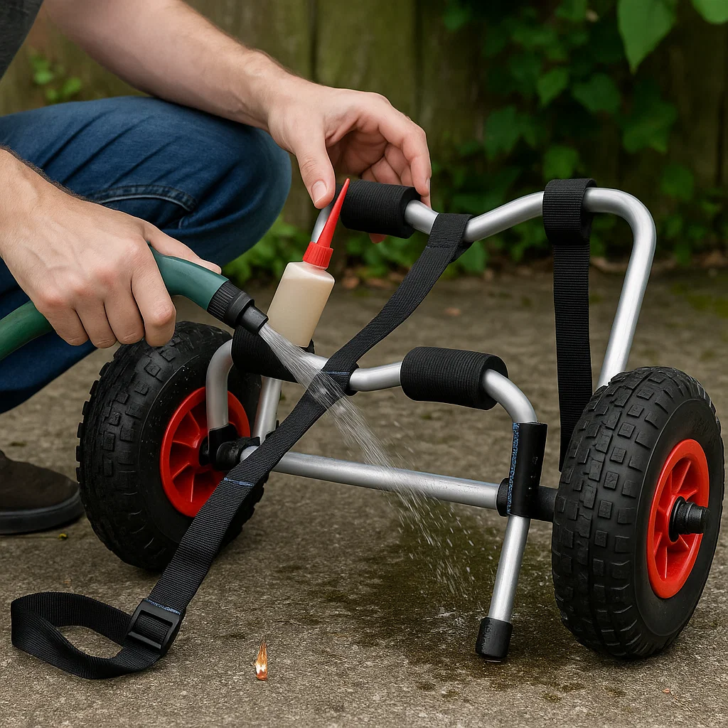 Rinsing and lubricating kayak cart frame and tires using hose and oil bottle for maintenance.