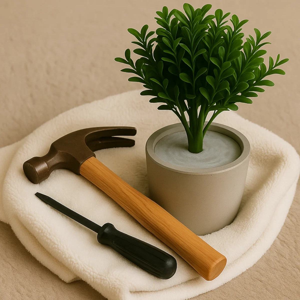 Hammer and screwdriver beside artificial potted plant secured in a cement base on soft cloth.