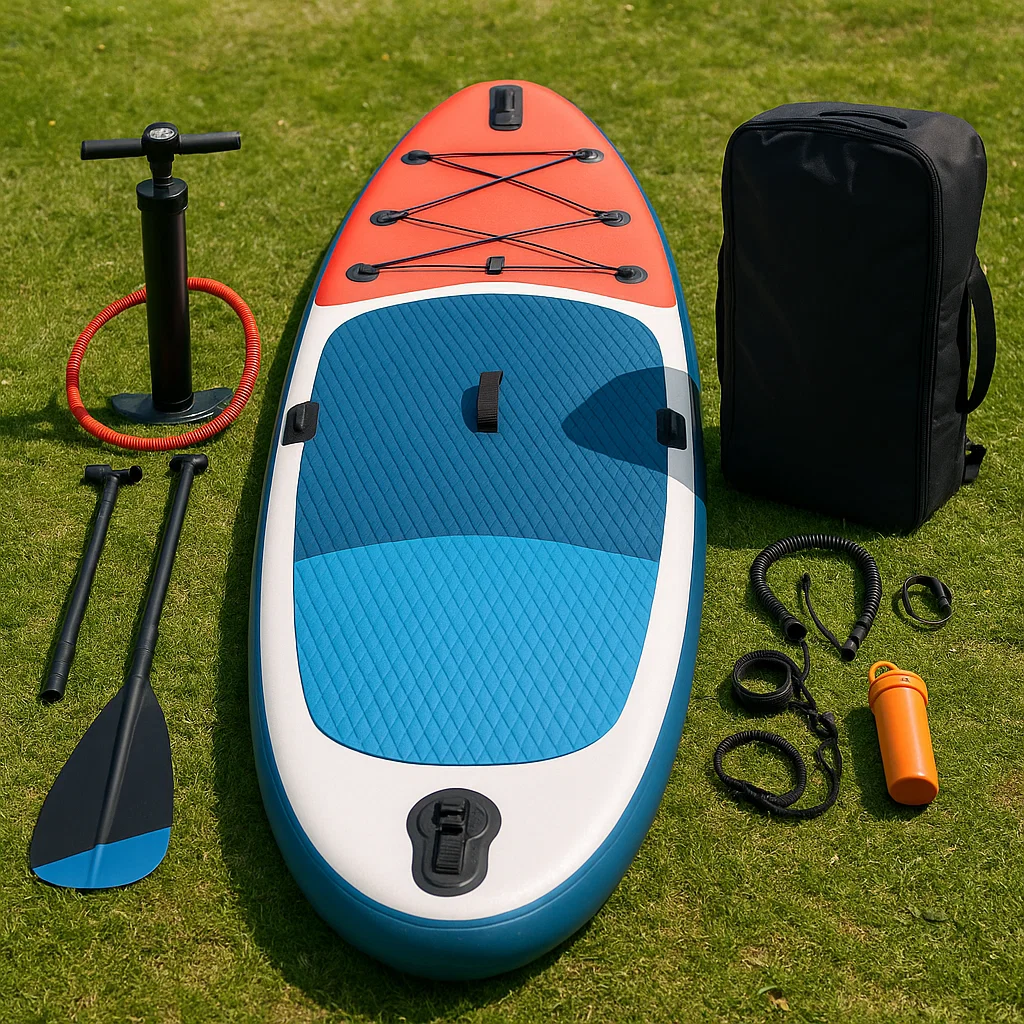 Inflatable paddle board with accessories including paddle, pump, leash, and carrying bag.
