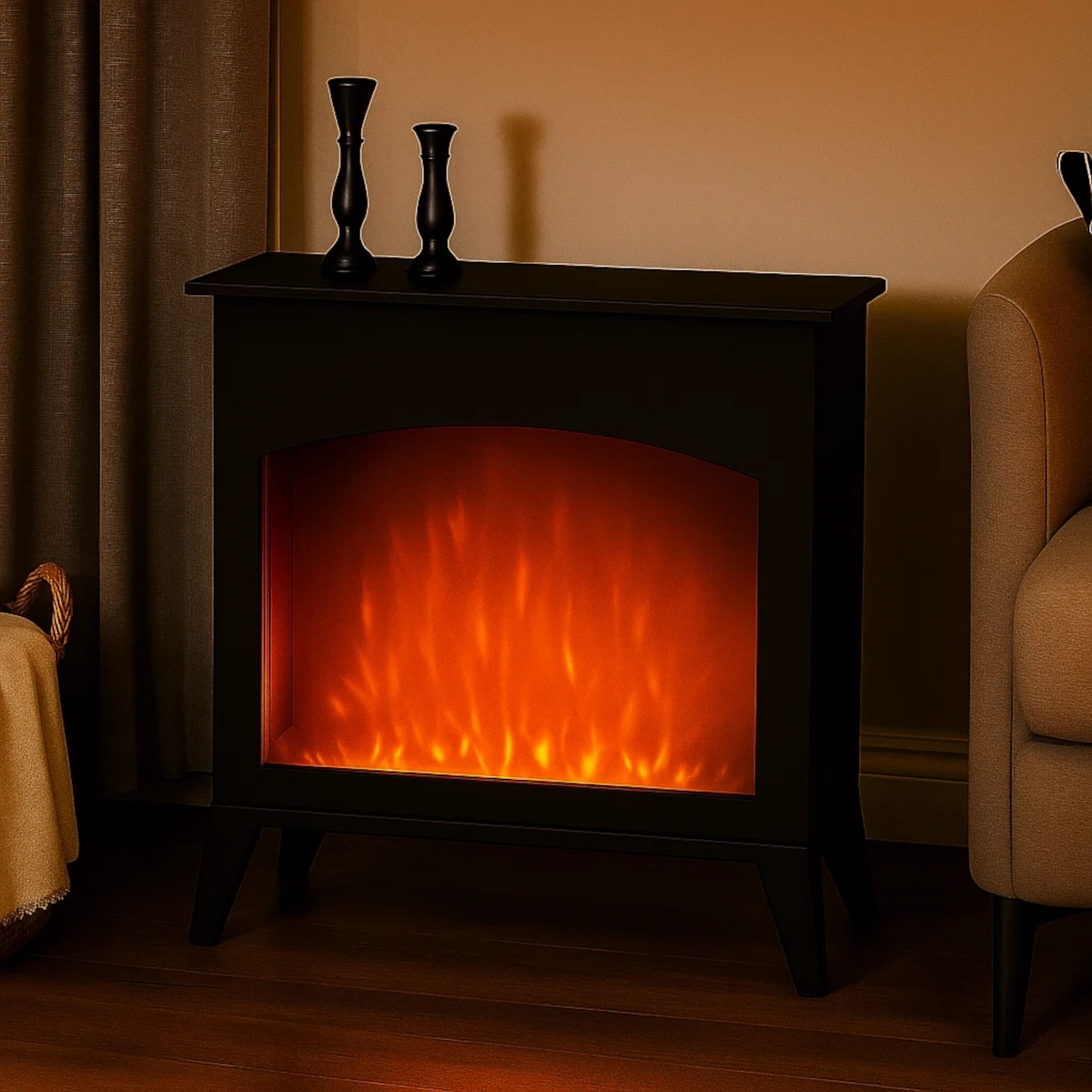 Black electric fireplace with realistic logs and flame, placed quietly in a warmly lit room corner.