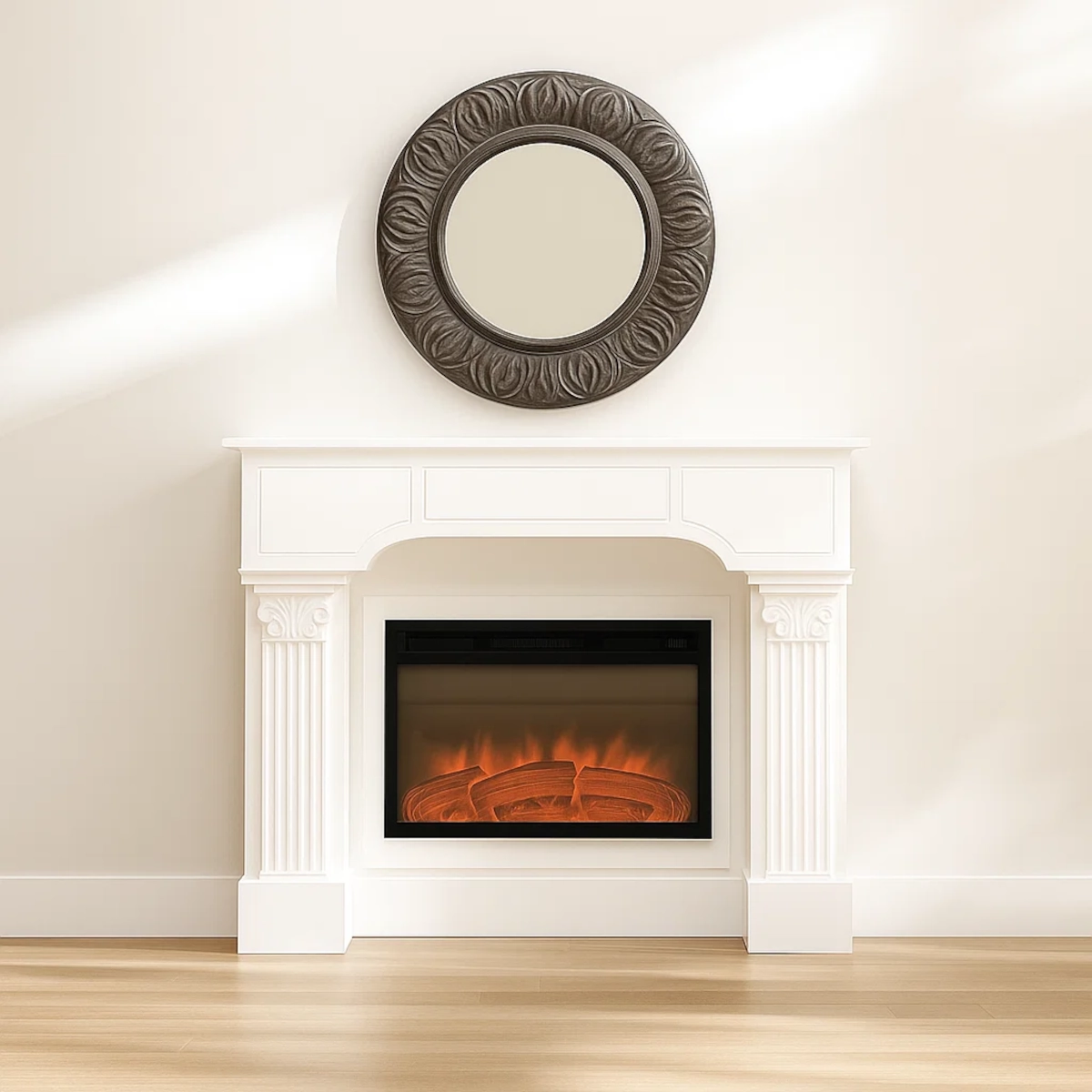 White fireplace with round mirror focal point and realistic flame effect