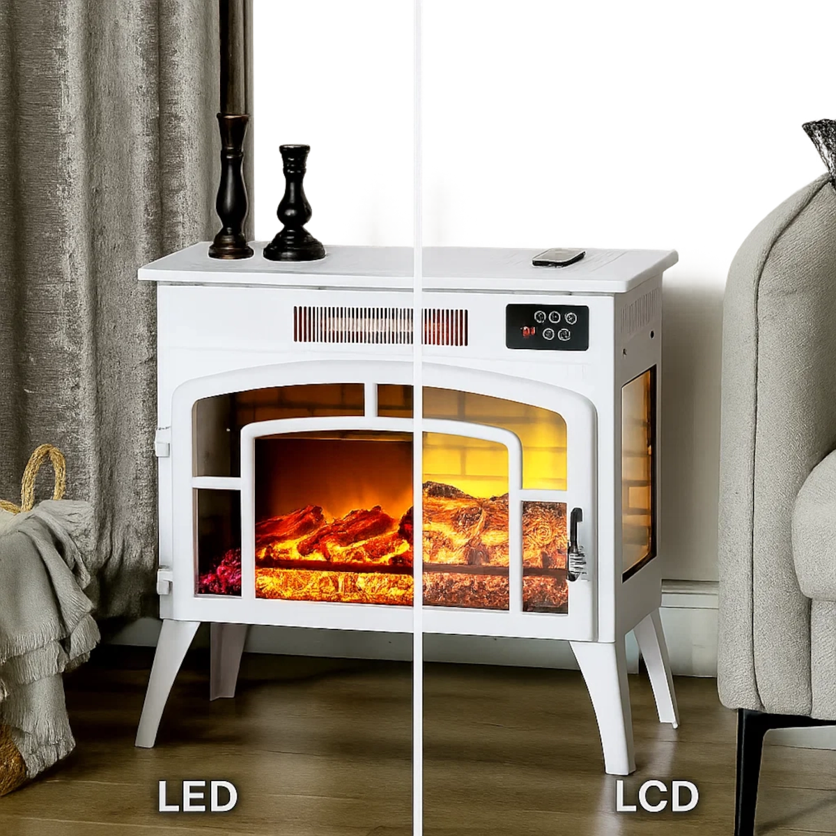 Split-screen comparison showing LED versus LCD flame effects in a white electric fireplace unit.