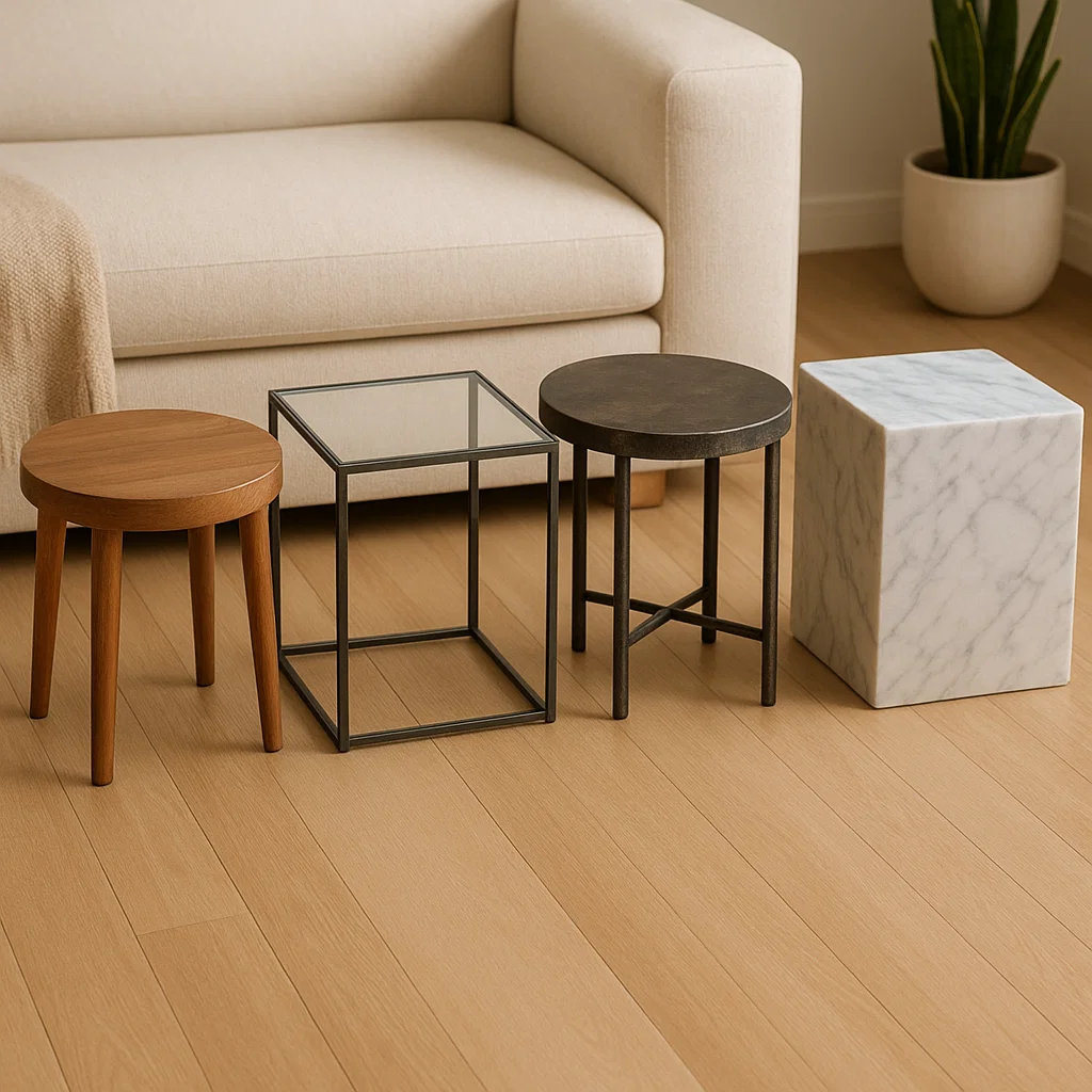 Four side tables made of wood, metal, glass, marble.
