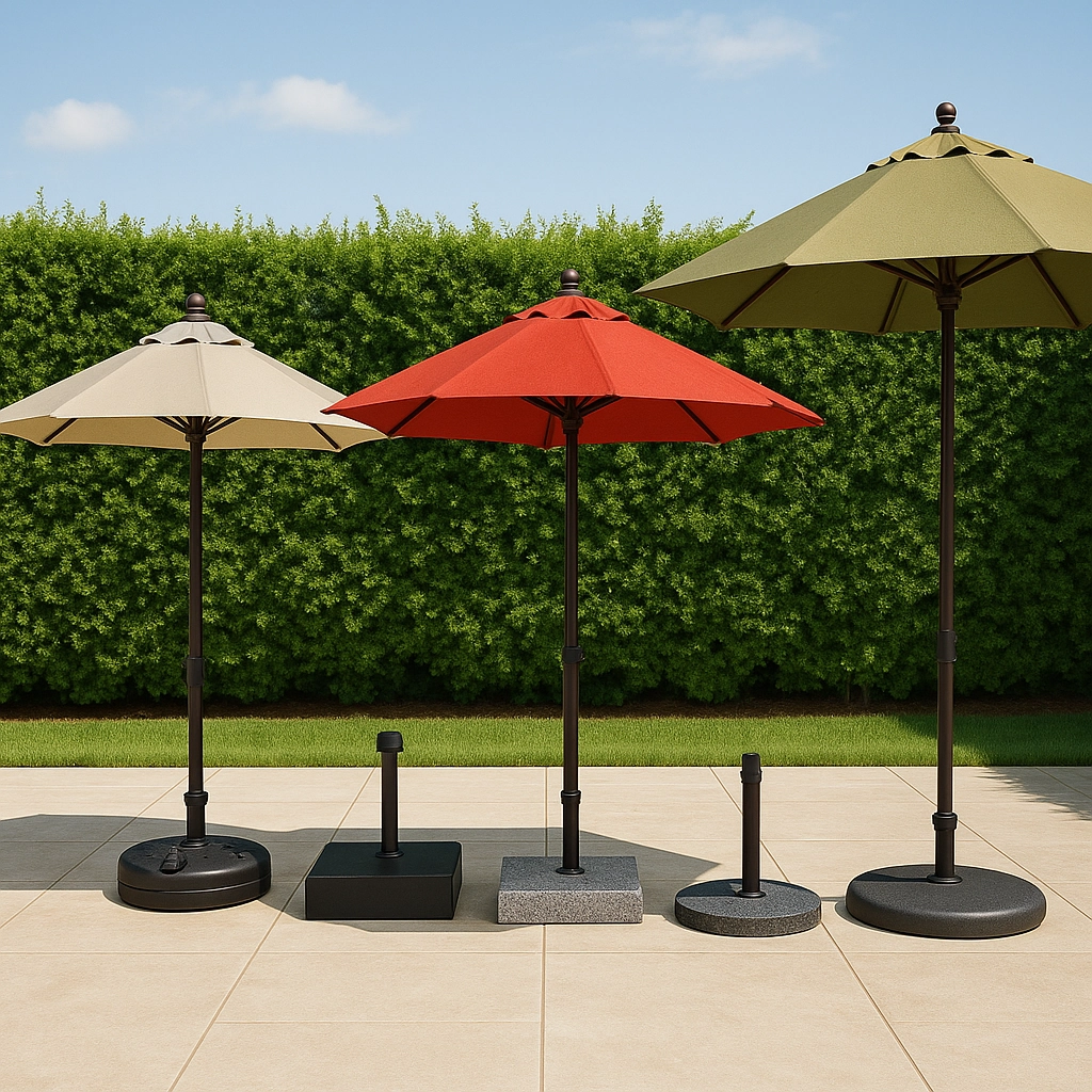 Different patio umbrellas with varying base weights for stability