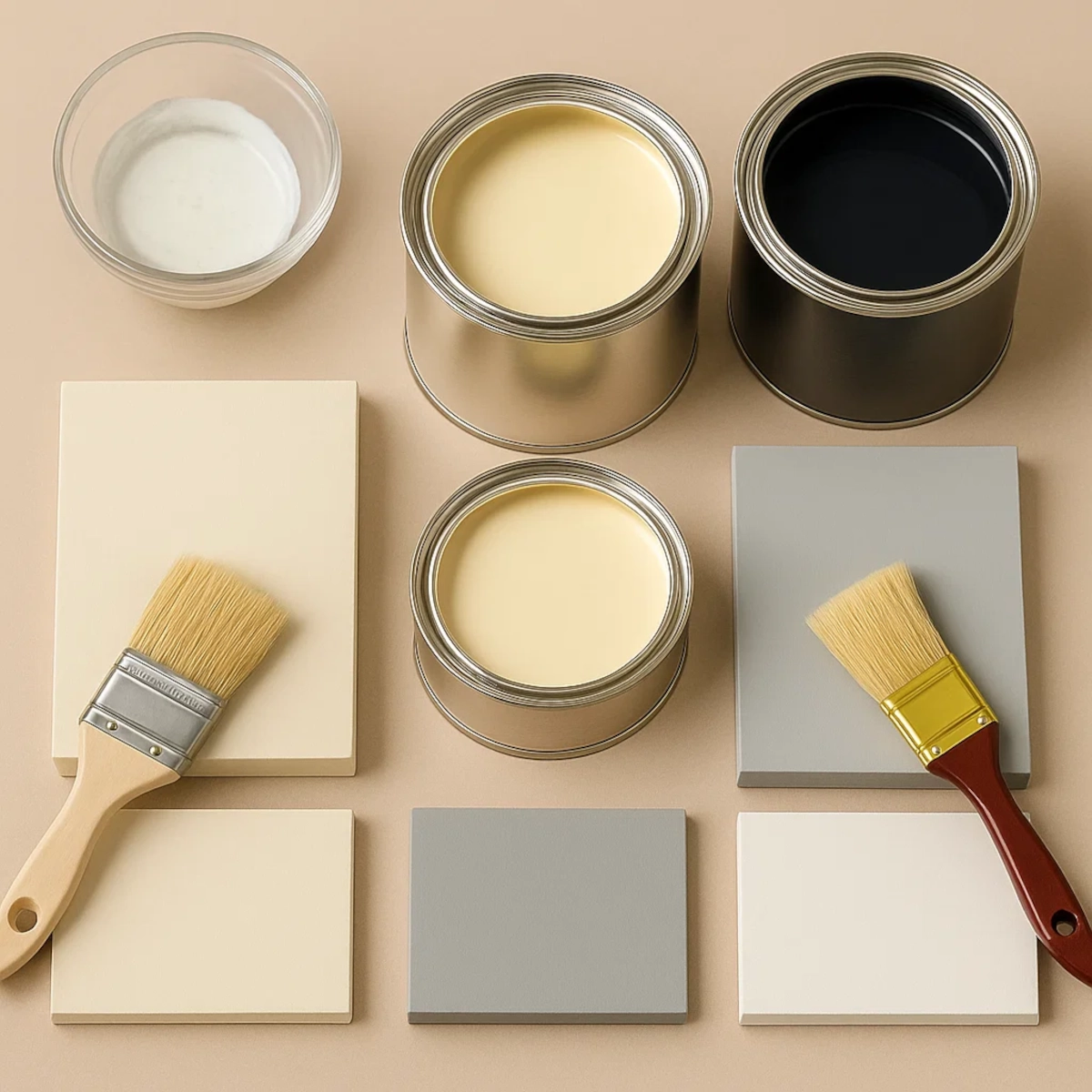 Paint cans and swatches arranged with brushes in neutral colour tones.