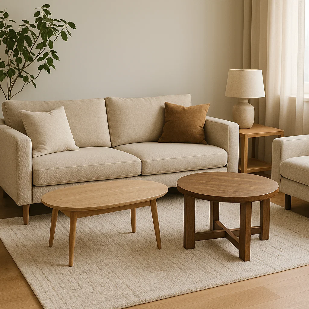 Neutral living room with beige sofa, round wood coffee tables, lamp, and green plant by the window.