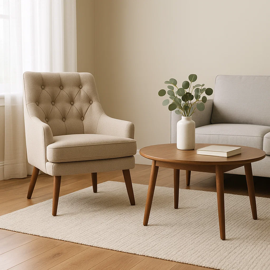 Light beige tufted chair beside round wood coffee table with vase in a cozy living room.