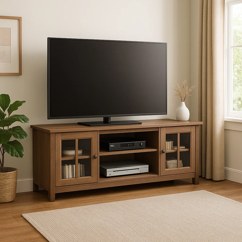 Wooden TV stand with glass cabinet doors and modern decor, blending into a cozy living room.