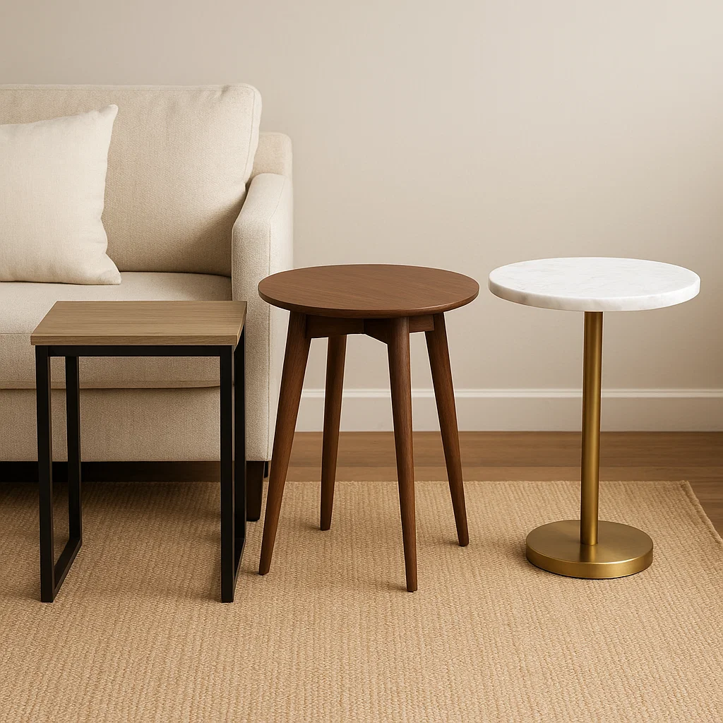 Three differently shaped tables in front of beige sofa.