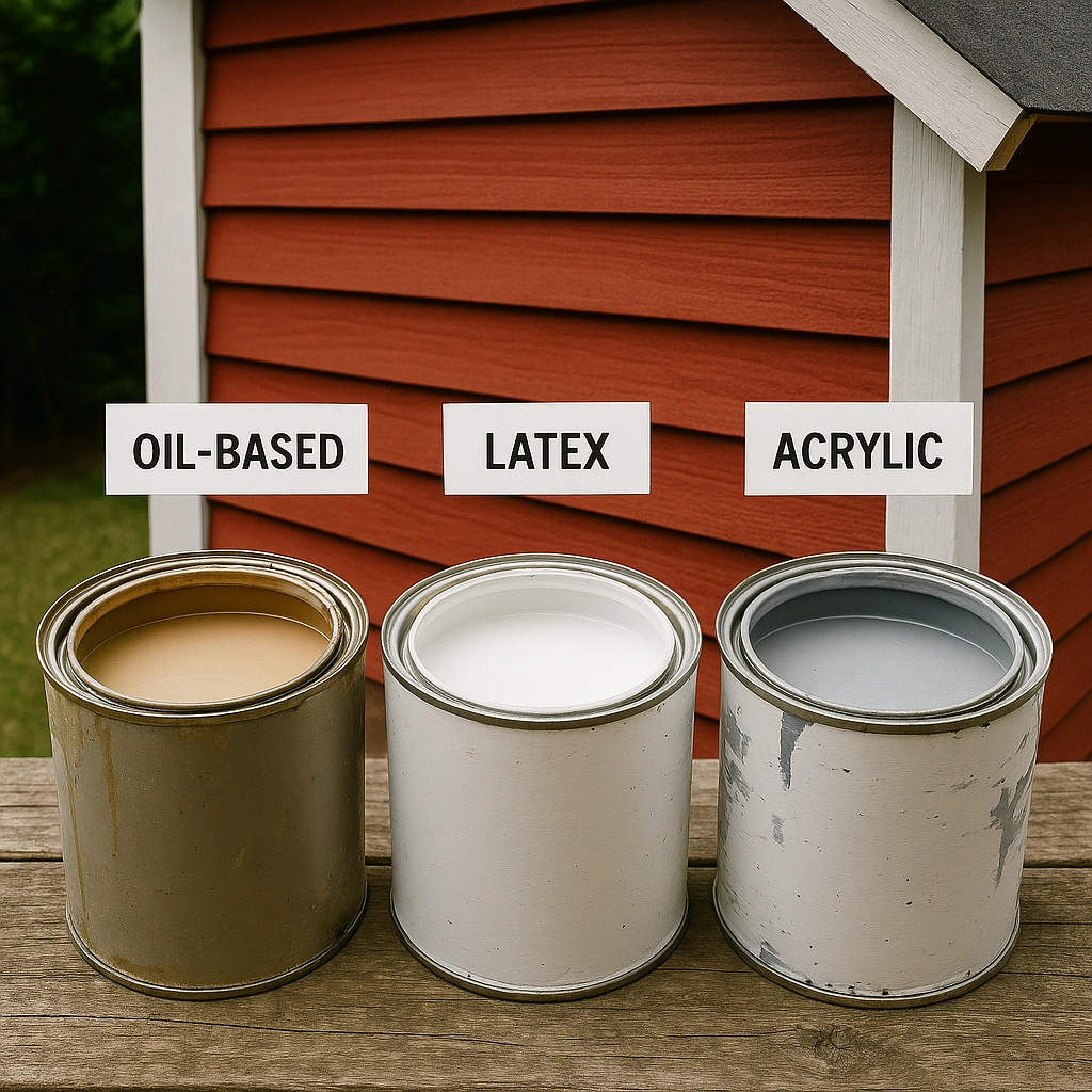 Three paint cans labeled oil-based, latex, and acrylic on a workbench.