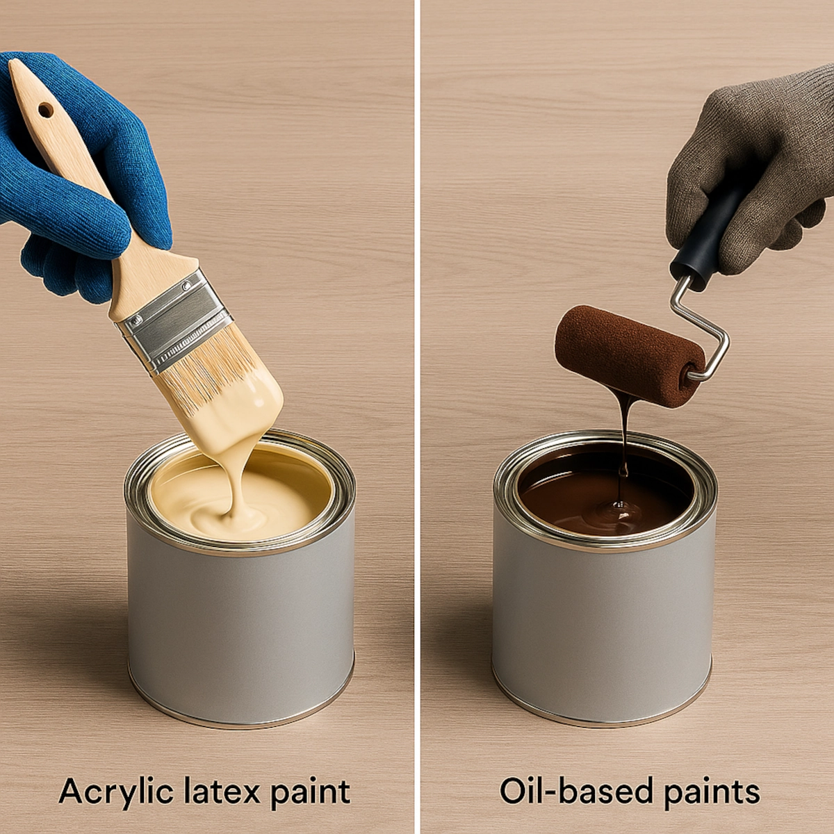 Various paint cans and color swatches laid out for selecting picnic table paint color.