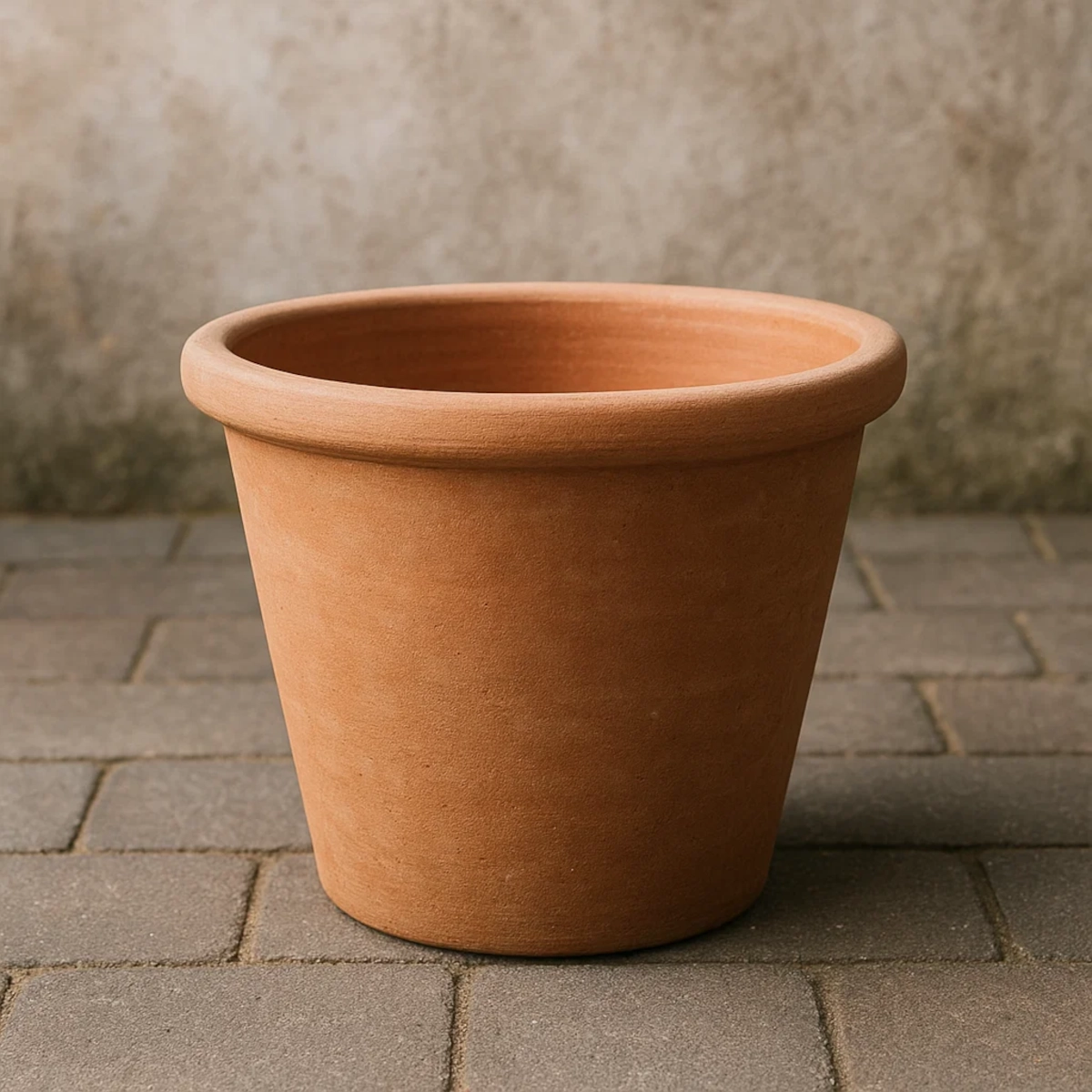 Empty terracotta pot on outdoor pavers, ready for planting artificial or real plants.