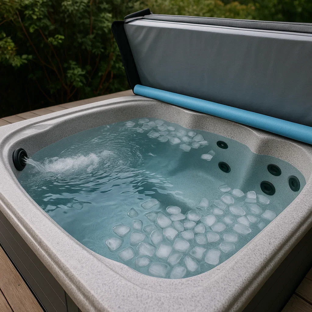 Tub jets and open cover showing water circulation and air ventilation process.