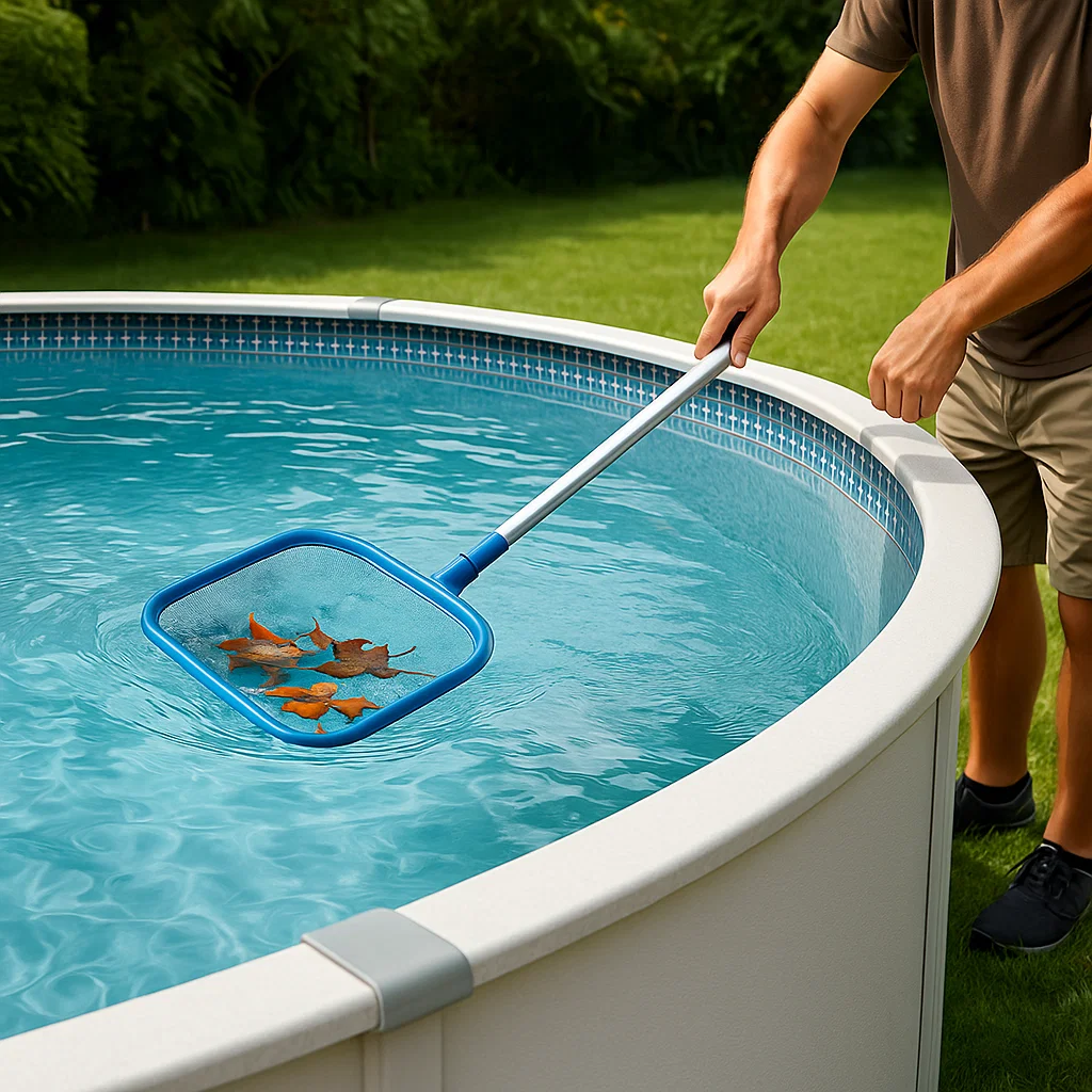 Person vacuuming above-ground pool to remove leaves and dirt before seasonal closing.