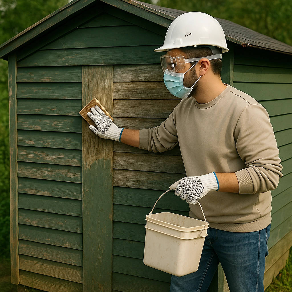 Person sanding wooden shed panel with block sander during paint prep.
