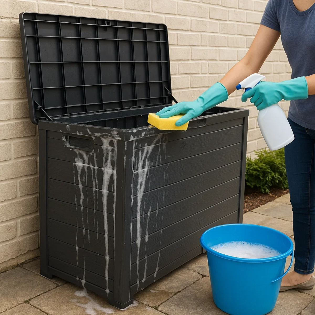 Person scrubbing outdoor storage box with sponge and spray for deep exterior cleaning.