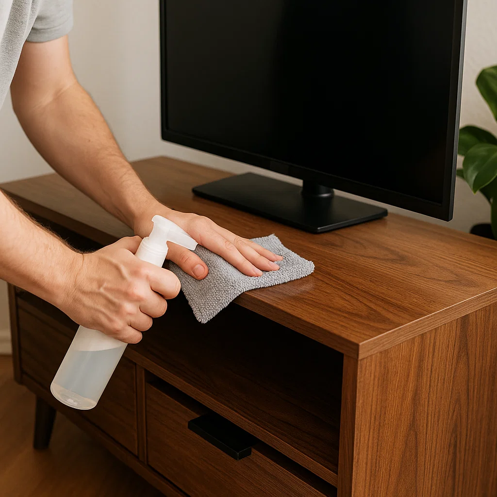 Wiping a wooden TV stand with a microfiber cloth and spray to remove dust and smudges.