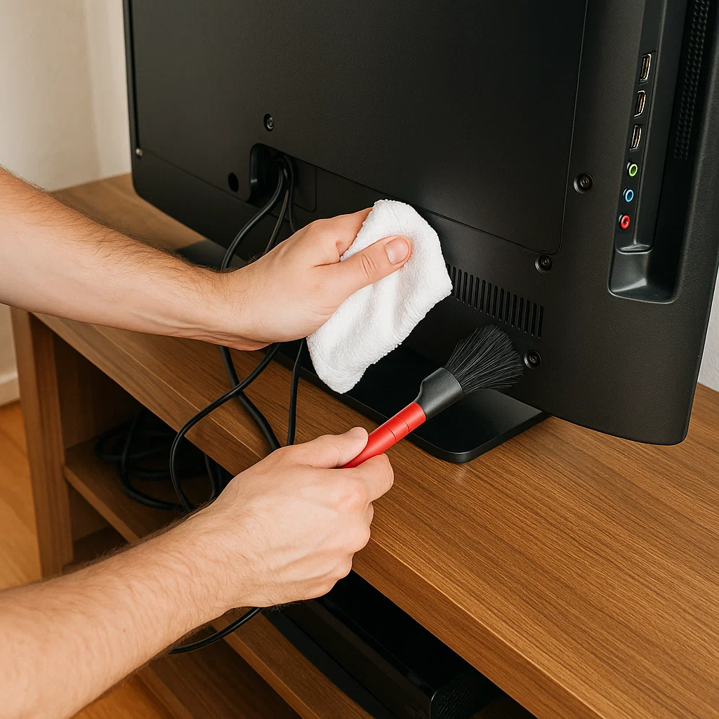 Cleaning the back of a TV with a soft cloth and brush to clear dust and manage cords.