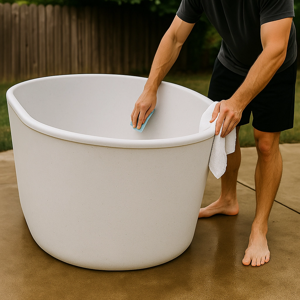 Man cleaning outdoor cold plunge tub with cloth and sponge for maintenance.