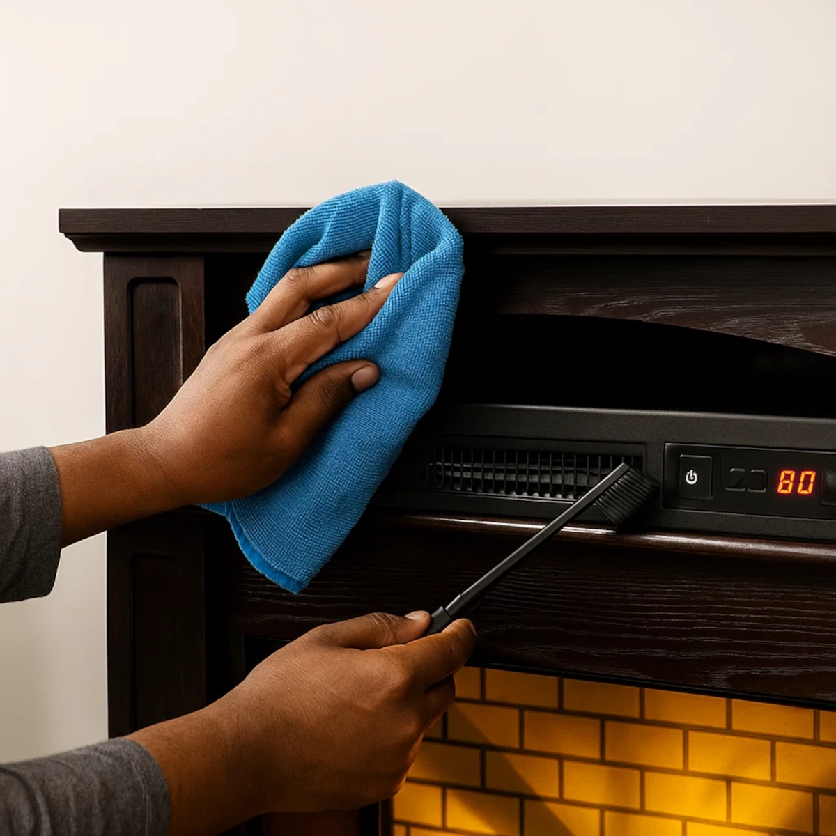 Person cleaning electric fireplace vent with soft brush while wiping exterior with microfiber cloth.