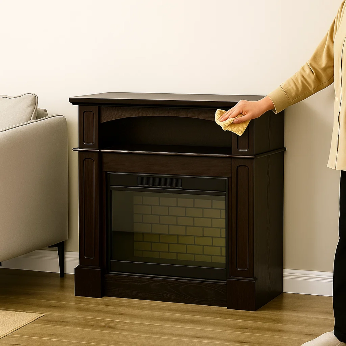 Person wiping dark wood electric fireplace mantel using a soft cloth near a beige couch.