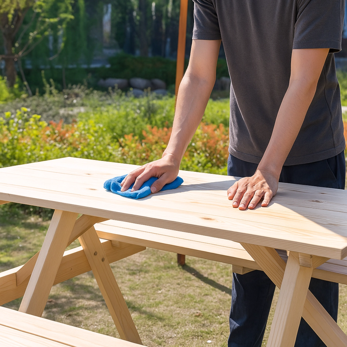 Person scrubbing wooden picnic table with a brush and water to clean dirt and debris.