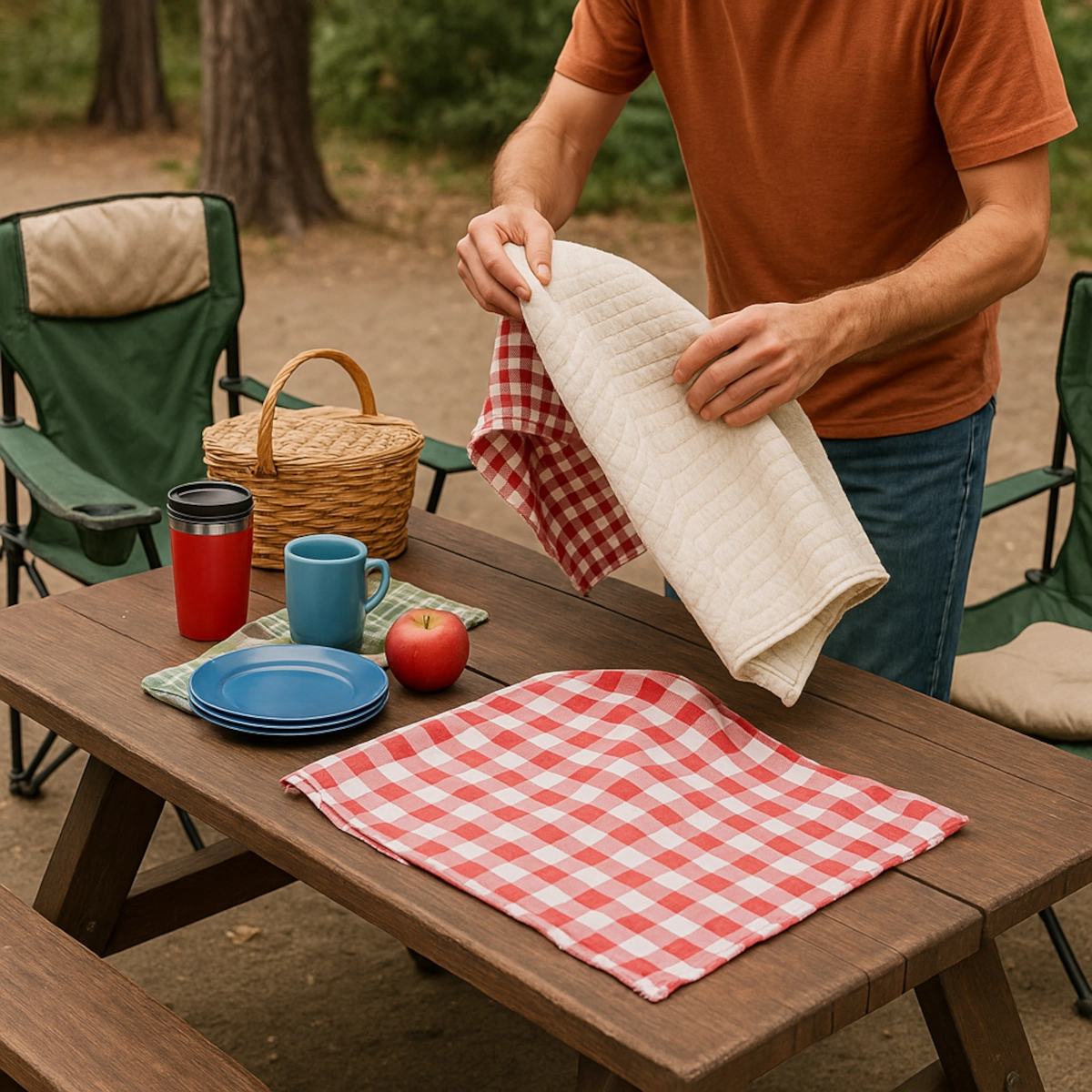 Person removing items from a picnic table before cleaning outdoor furniture setup.