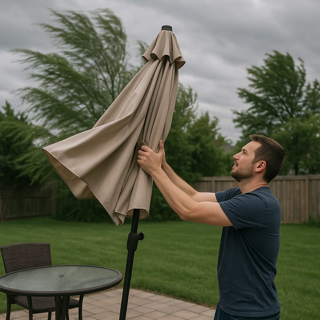Person closing patio umbrella to prevent wind damage.