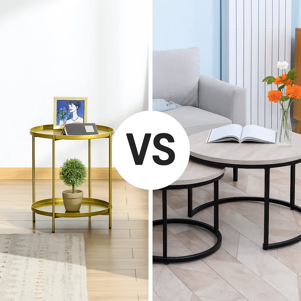 Modern gold side table and round nesting coffee tables comparison in bright living room setup.