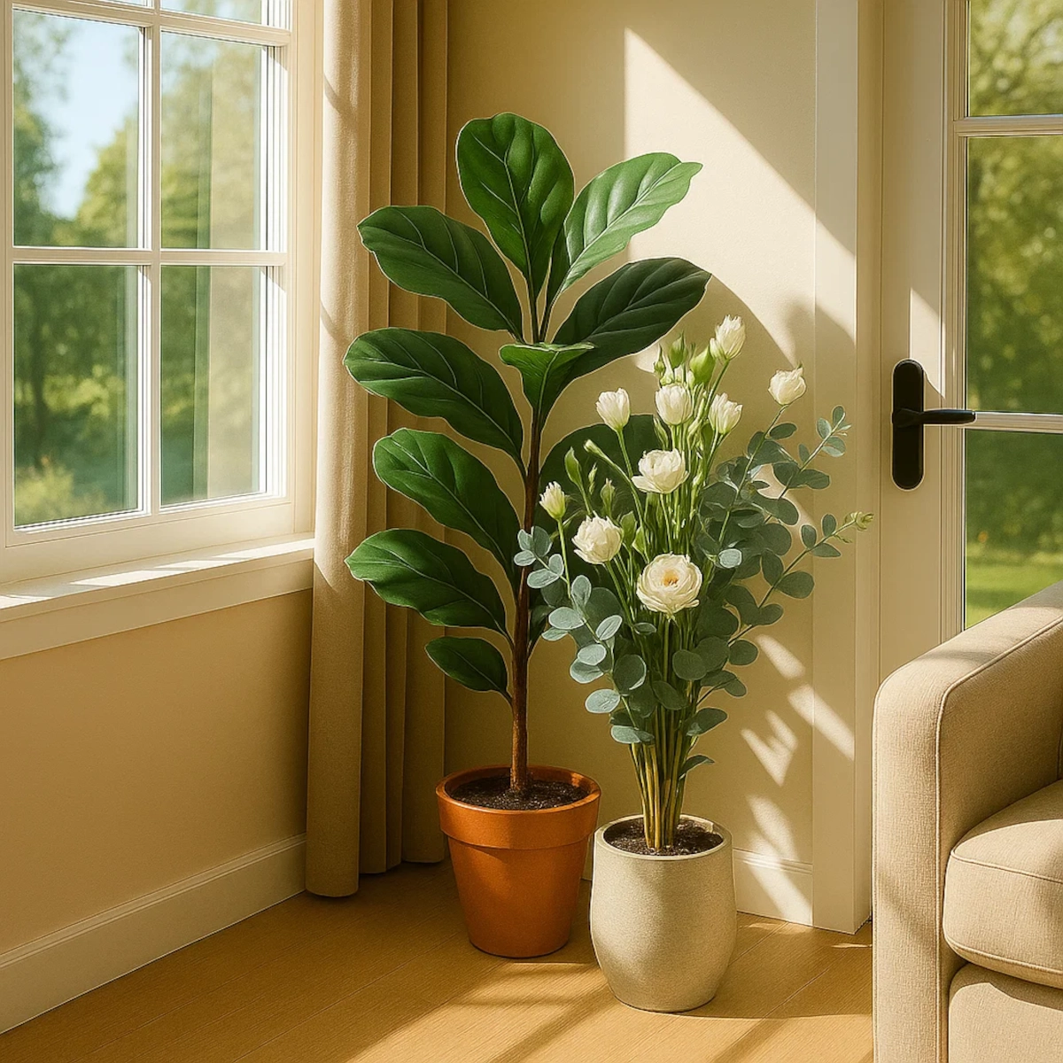 Lifelike artificial plant and white flower arrangement placed by a sunlit window in a living room.