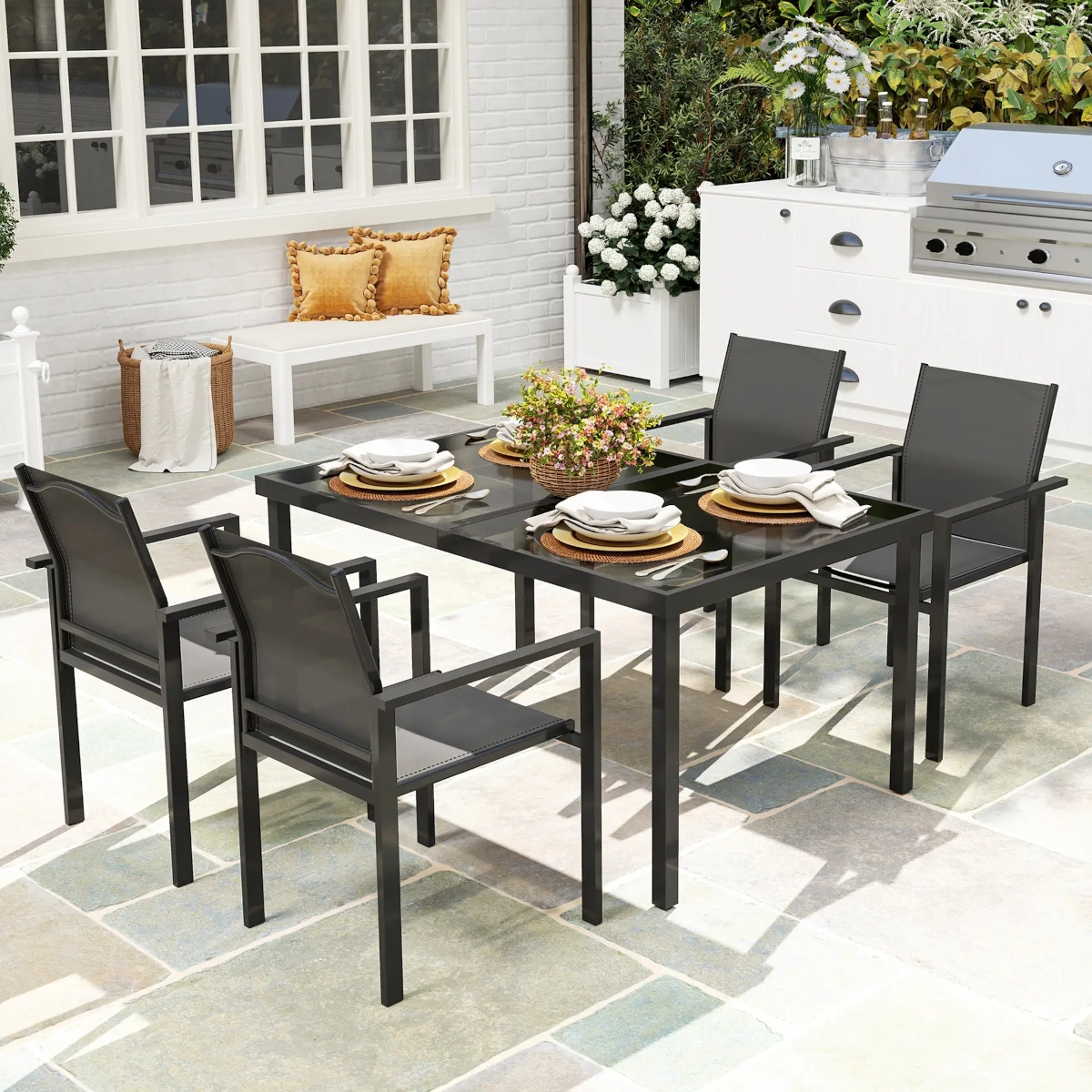 Modern outdoor patio set with stackable chairs for small spaces