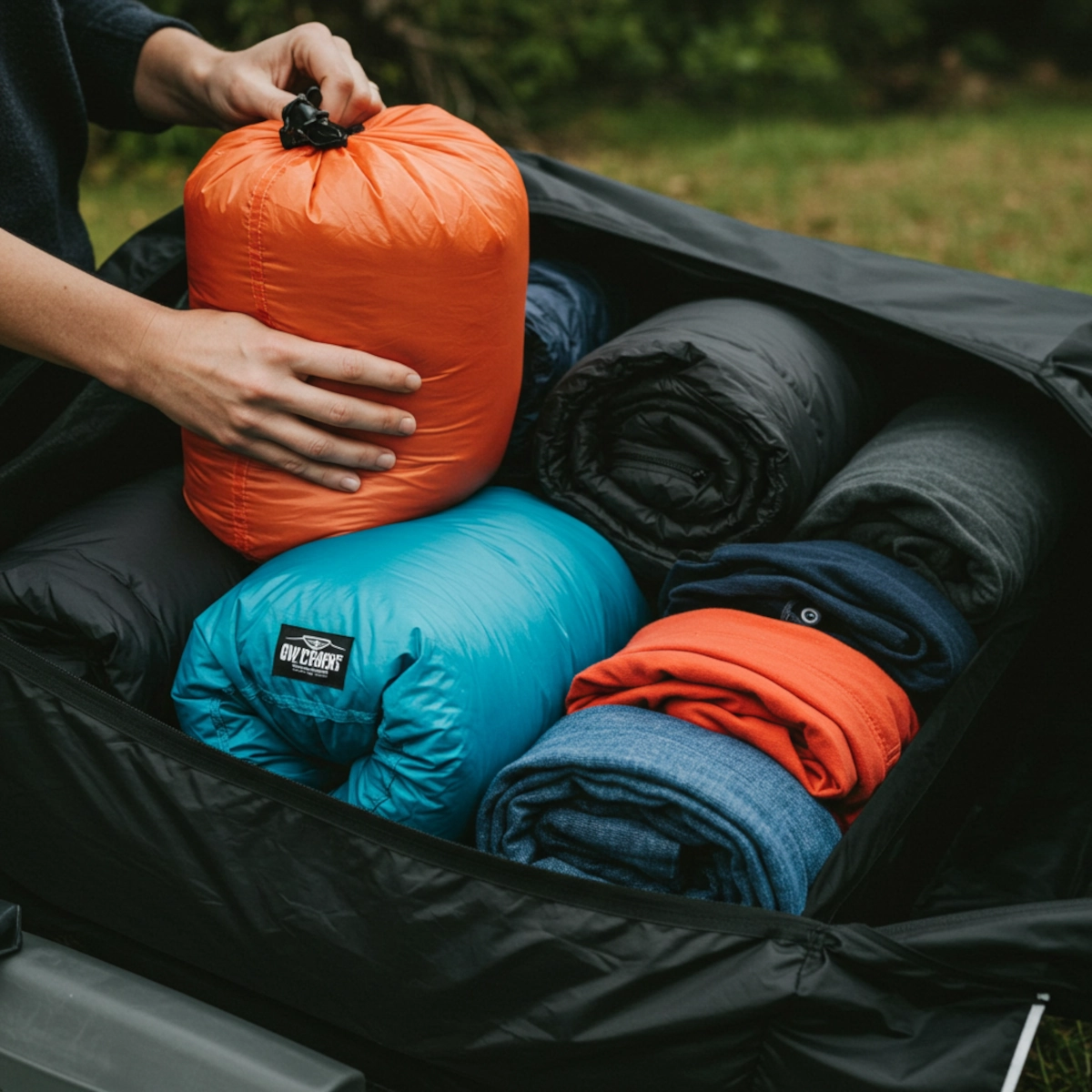 Rolled clothes and sleeping bags packed in compression sacks for efficient camping storage.