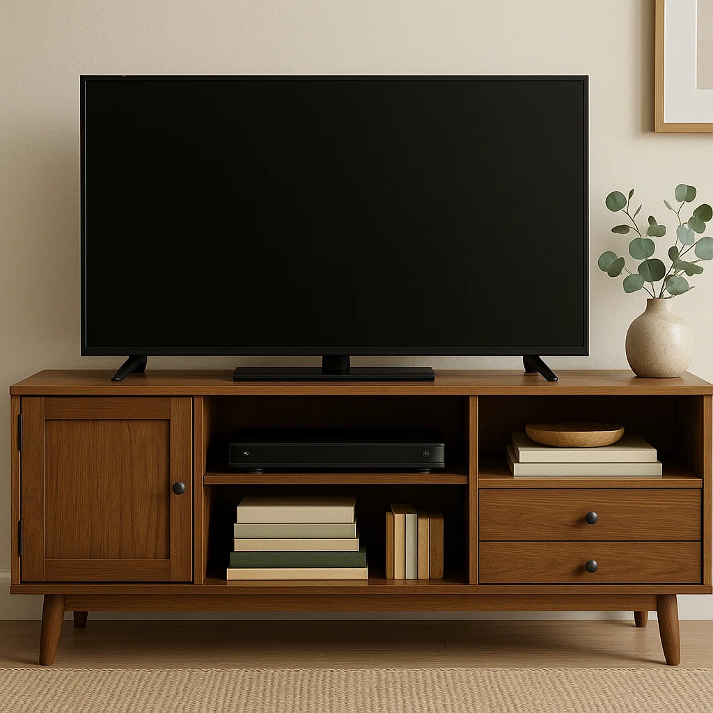 Mid-century style TV stand with drawers, shelves, and books, offering ample closed and open storage.