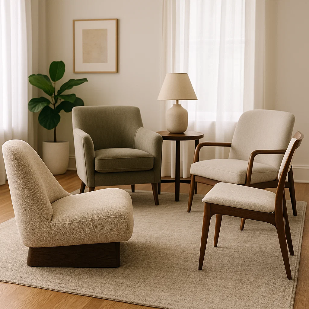 Mixed modern accent chairs around beige rug in bright living room with soft natural lighting.
