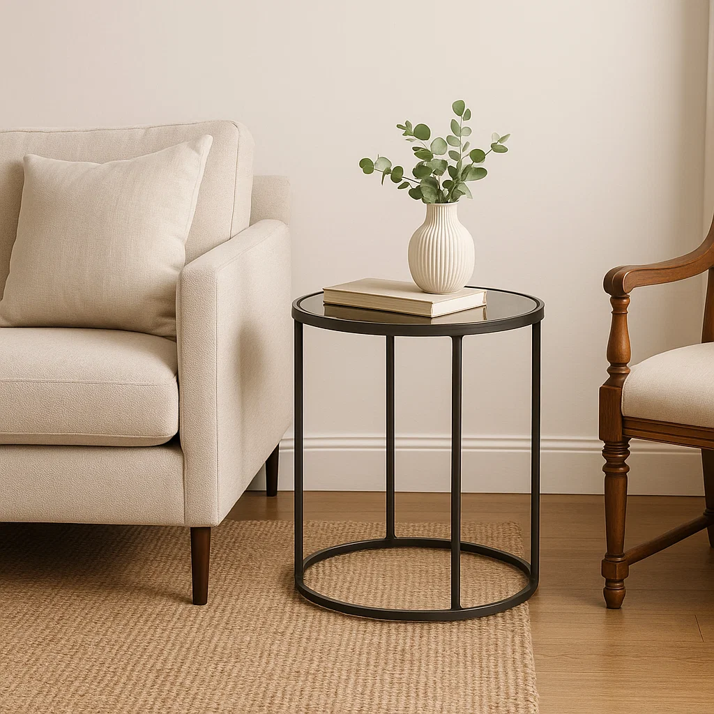 Round black metal table beside beige and wooden chairs.
