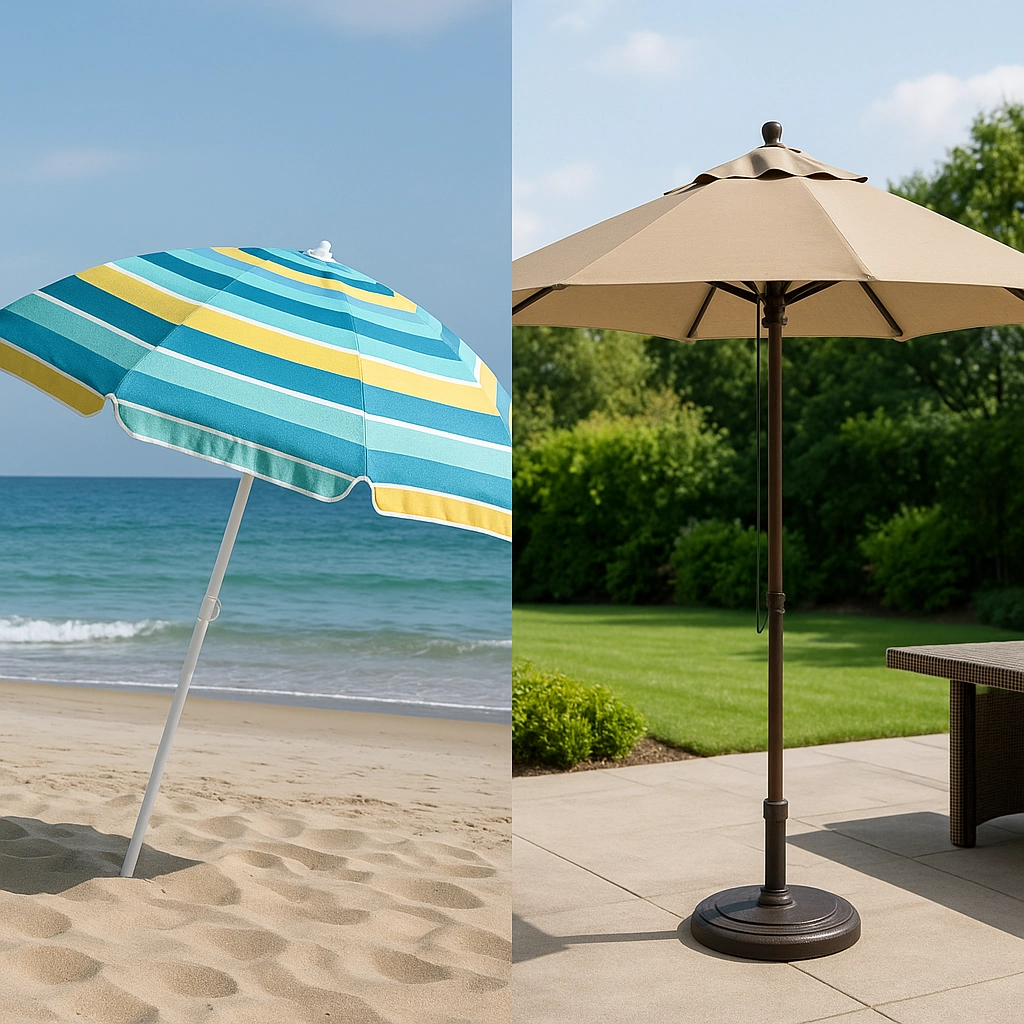 Striped beach umbrella on sand and tan patio umbrella on patio showing build material contrasts.