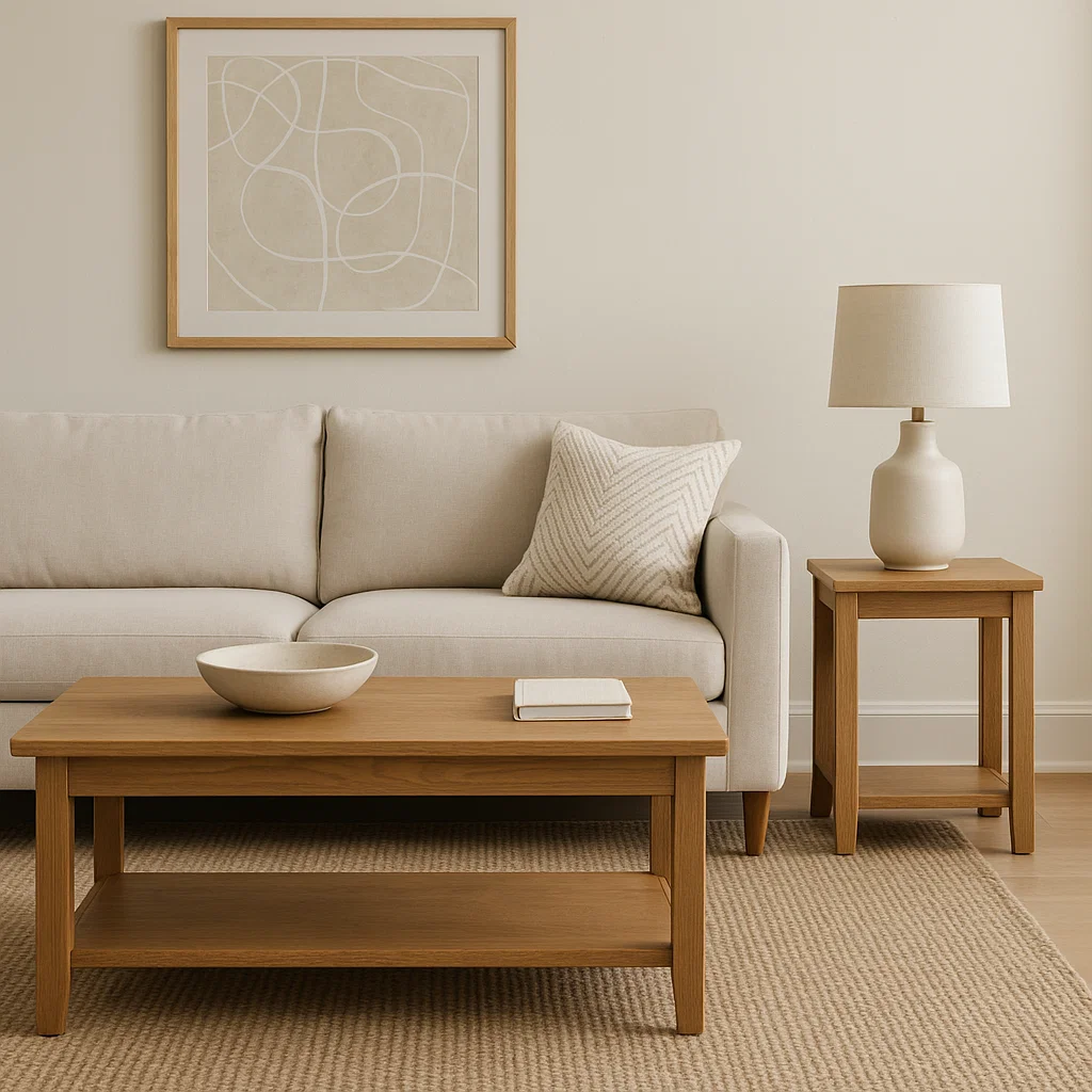 Wooden coffee table and side table with lamp beside beige sofa in cozy living room.