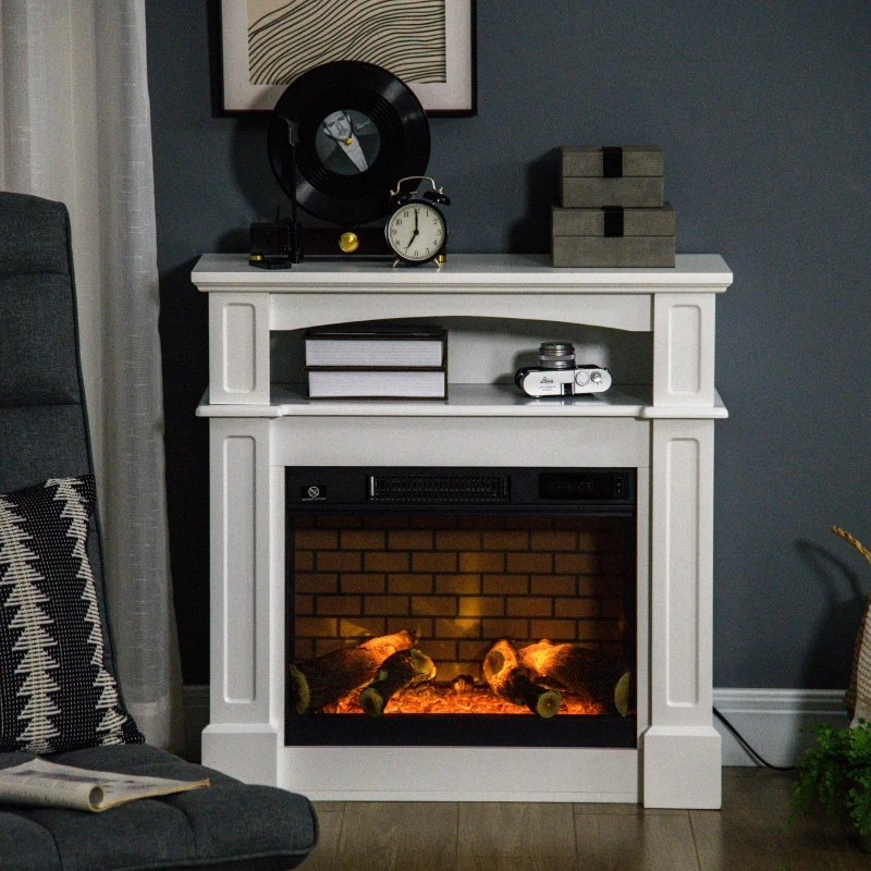 Electric fireplace with shelves and faux logs, styled in a dark-walled room