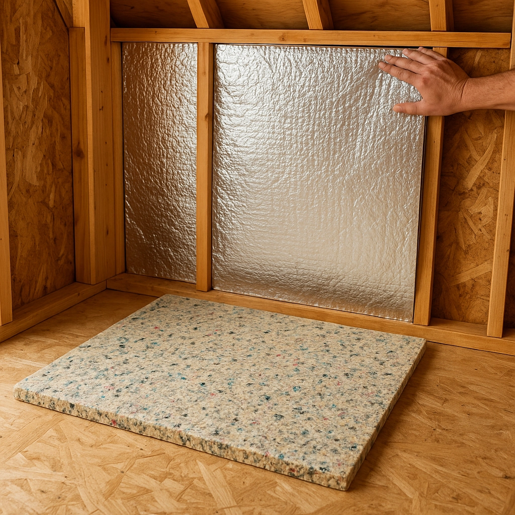 Various shed floor insulation materials displayed on wooden framing inside unfinished shed construction.