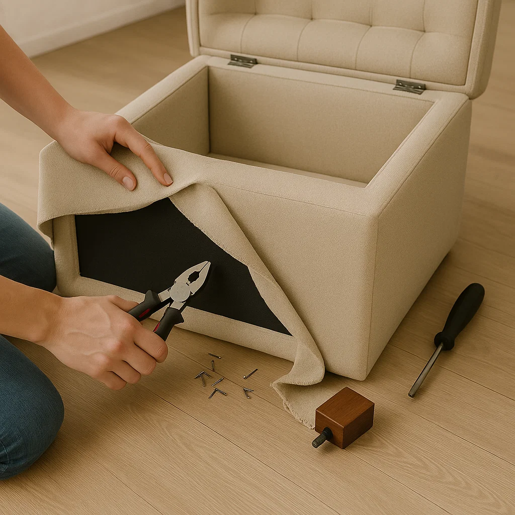 Removing black dust cover and old upholstery fabric from ottoman frame.