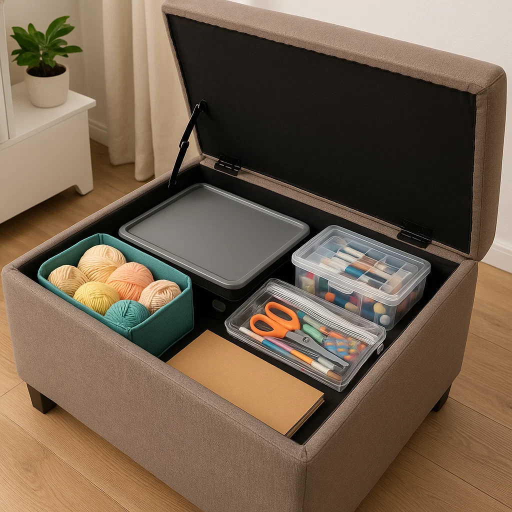 Brown storage ottoman with organized yarn, tools, and art supplies inside compartments.