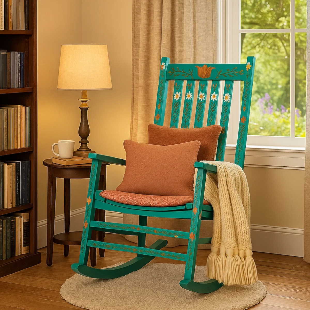 Teal rocking chair with orange cushions beside a lamp and bookshelf in a cozy reading nook.