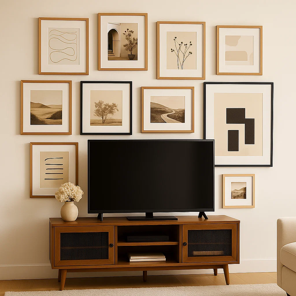 TV stand beneath a gallery wall with framed neutral artwork arranged symmetrically for visual interest.